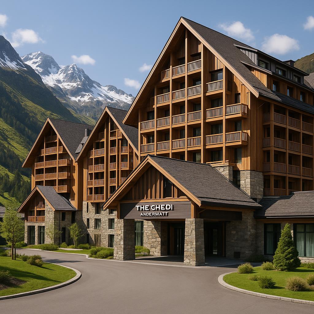Exterior of The Chedi Andermatt with wood and stone facade in the Alps