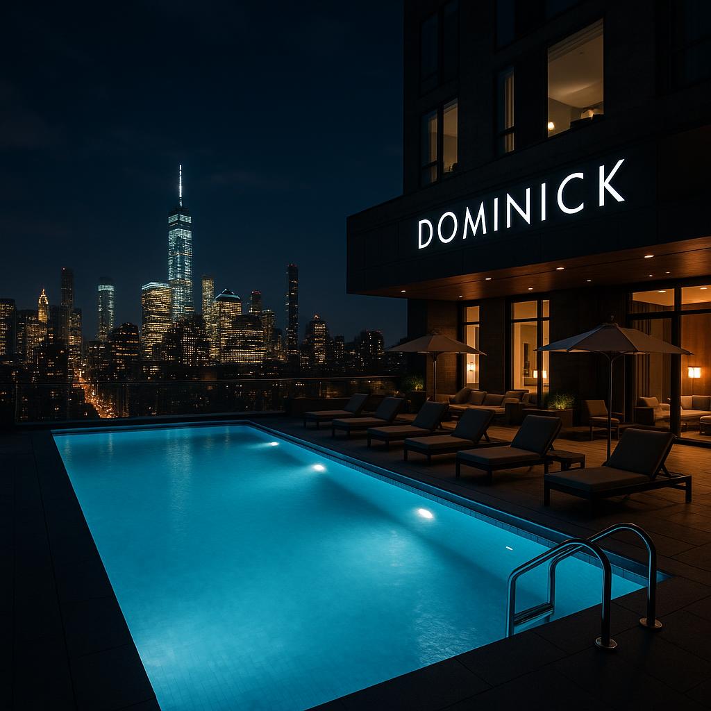 Luxury rooftop pool at The Dominick illuminated at night with Manhattan skyline