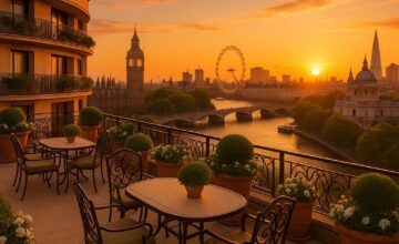 Panoramic view of London skyline from The Dorchester rooftop at sunset