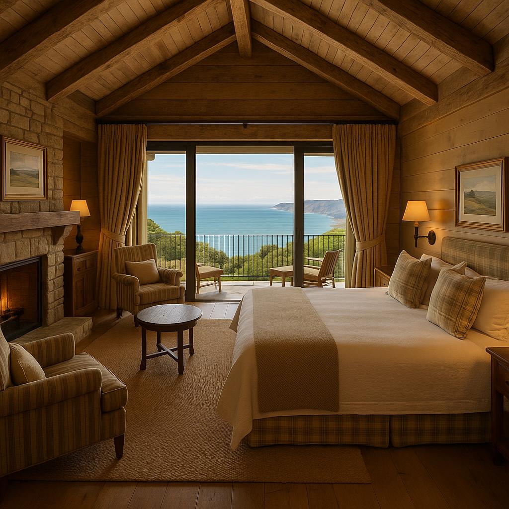 Luxury suite at The Farm at Cape Kidnappers with ocean view and rustic wooden decor