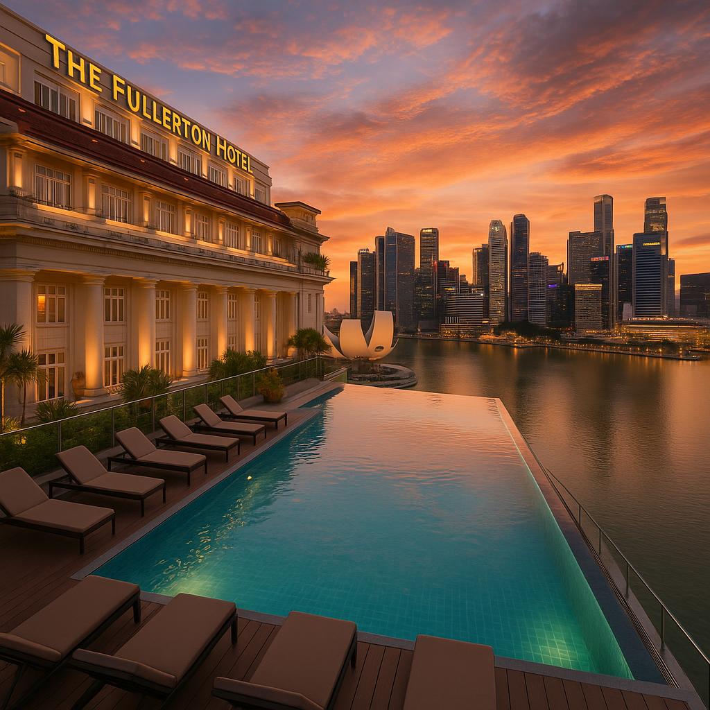 Rooftop infinity pool at The Fullerton Hotel Singapore with sunset view