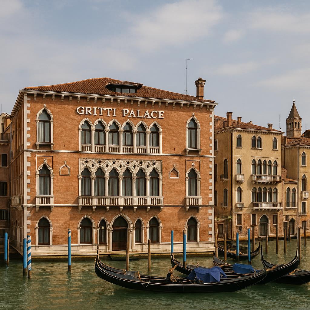 The Gritti Palace on Venice's Grand Canal with gondolas and historic architecture