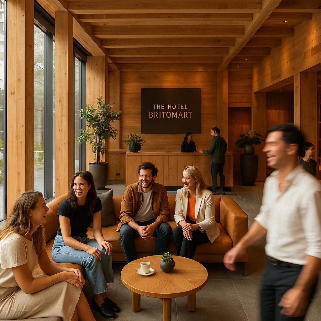 Hotel Britomart's lively lobby with natural timber and social atmosphere