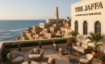 Rooftop terrace with Mediterranean view at The Jaffa Hotel