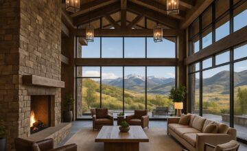 Elegant and photogenic lobby of The Lodge at Blue Sky with natural light and stone fireplace