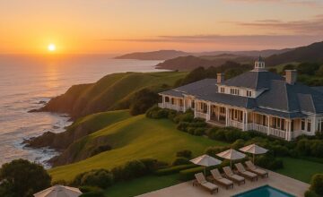 A panoramic sunrise view over The Lodge at Kauri Cliffs perched on Pacific Ocean cliffs