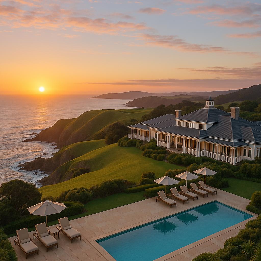 A panoramic sunrise view over The Lodge at Kauri Cliffs perched on Pacific Ocean cliffs