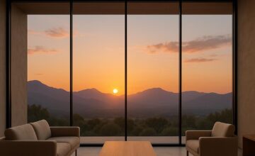 Interior view of The Middle House featuring floor-to-ceiling windows with sunset and mountains outside