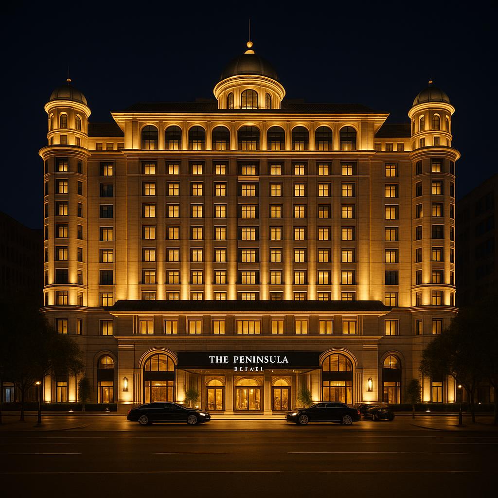 The Peninsula Beijing lit up at night, showcasing luxury and cinematic architecture