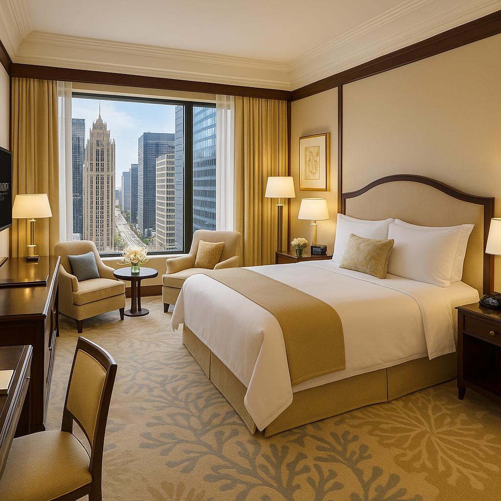 Luxury hotel room with city view at The Peninsula Chicago