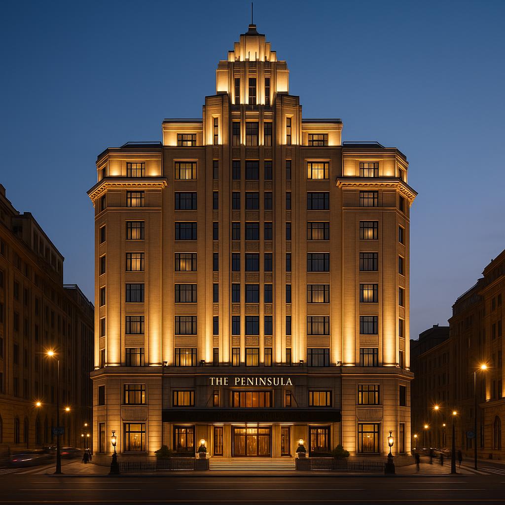 Art Deco facade of The Peninsula Shanghai at dusk