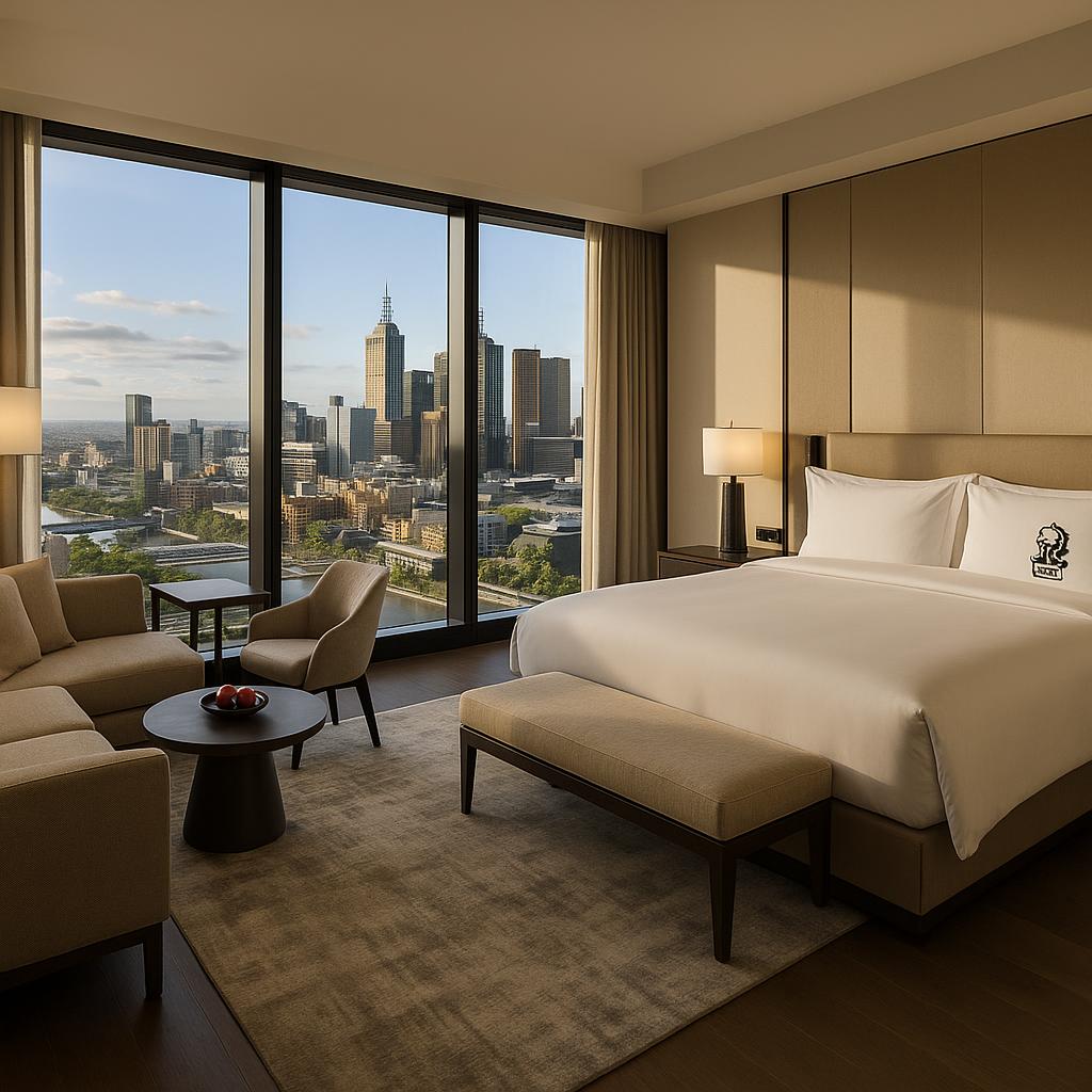 Luxurious hotel room with Melbourne skyline views