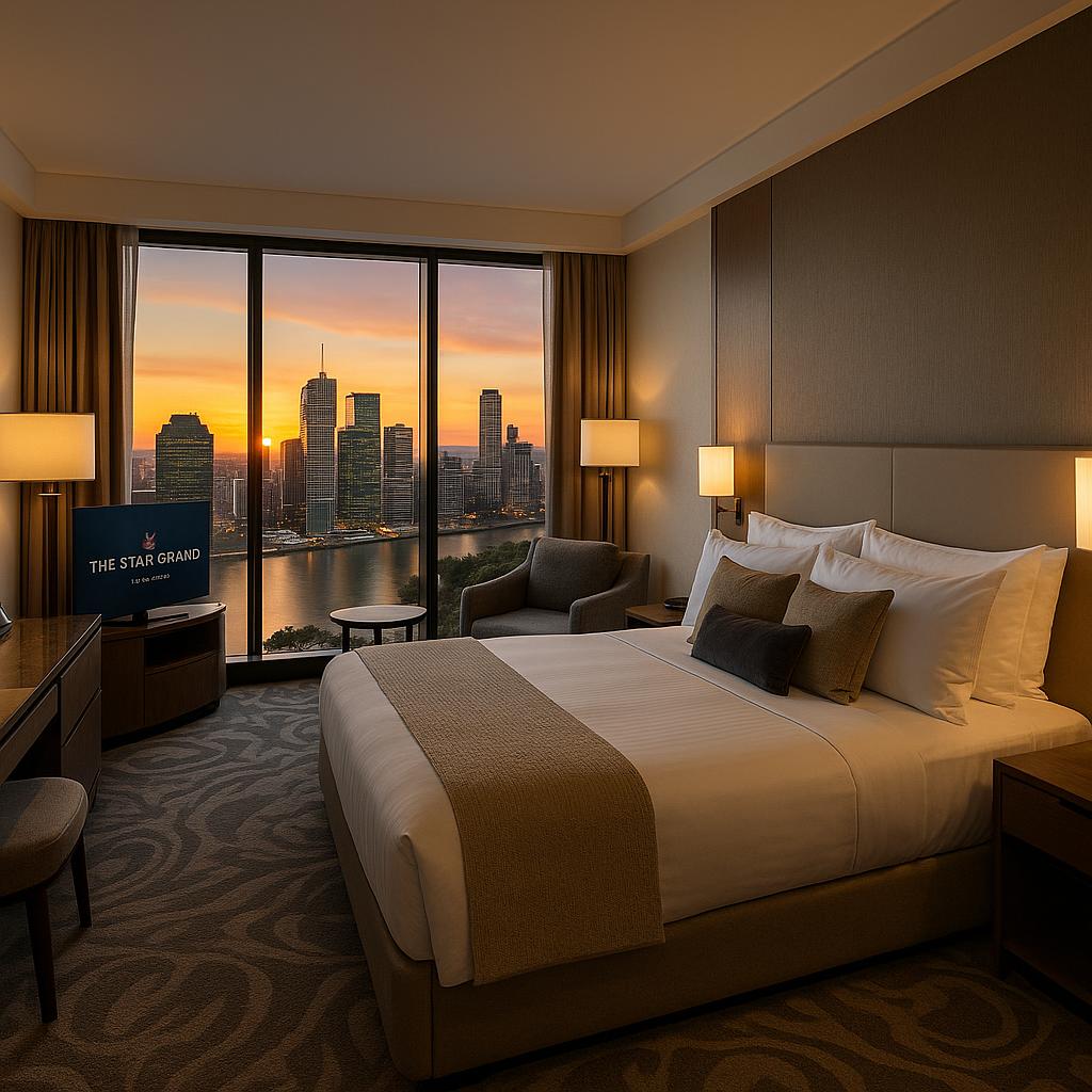 Luxurious hotel room with city view at The Star Grand Brisbane