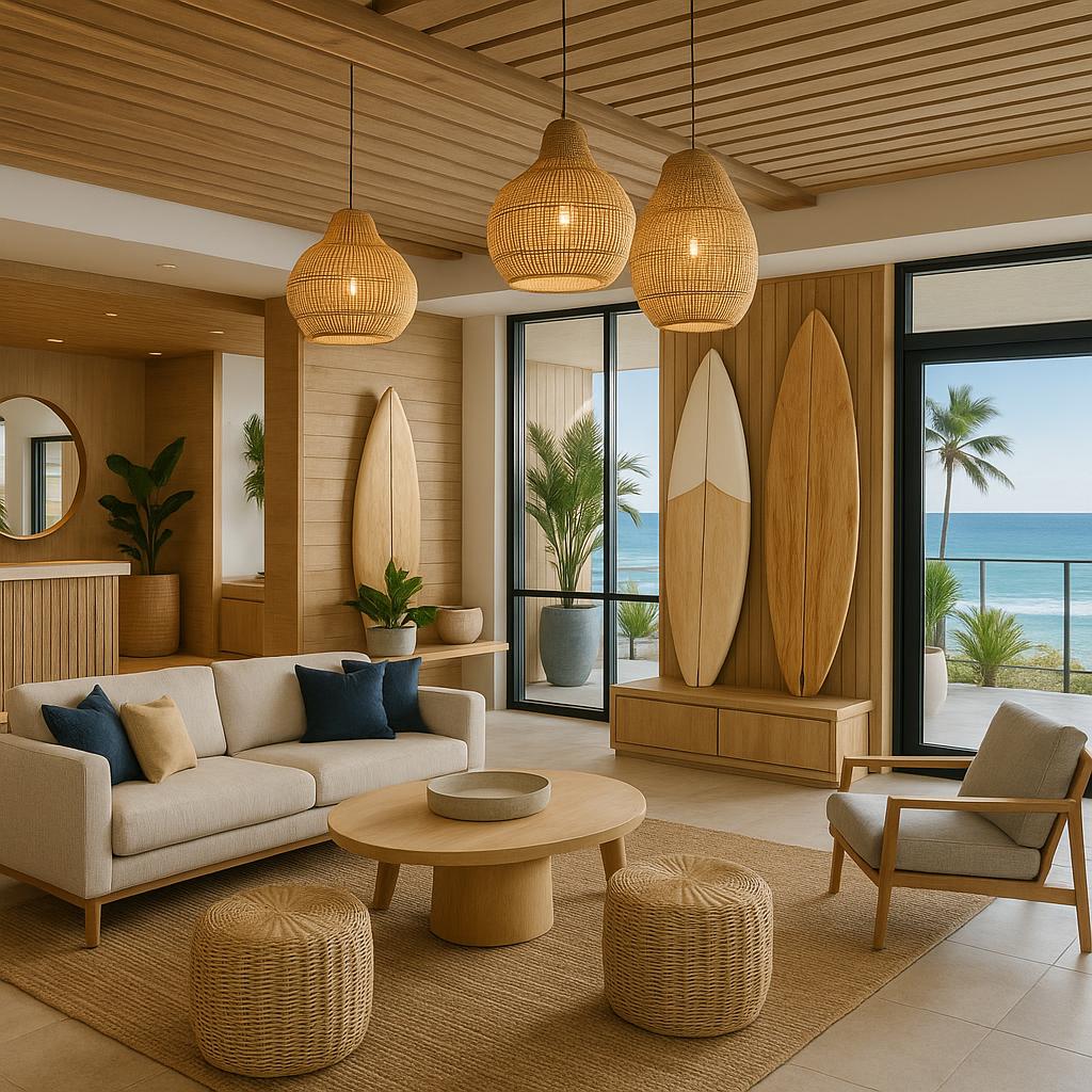Surfrider Malibu Lobby with coastal decor and ocean light