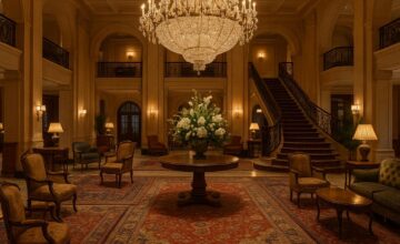 Elegant hotel lobby with grand chandelier and vintage decor