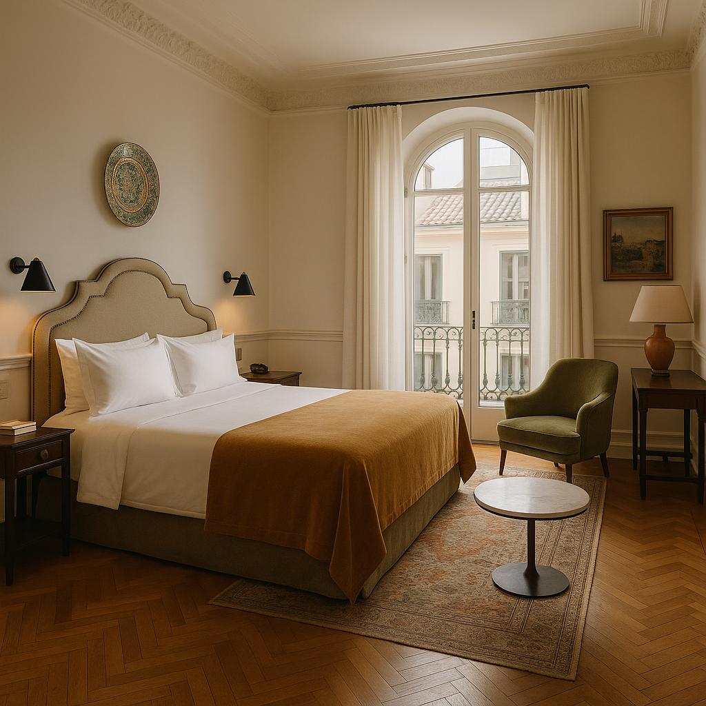 Elegant boutique hotel room with sophisticated European-style interior