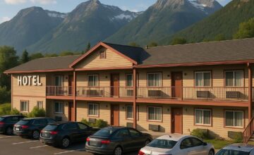 Roadside hotel with mountain scenery
