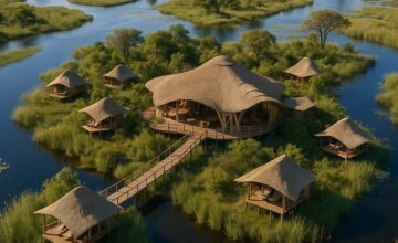 Aerial view of Xigera Safari Lodge blending into Okavango Delta with natural design.