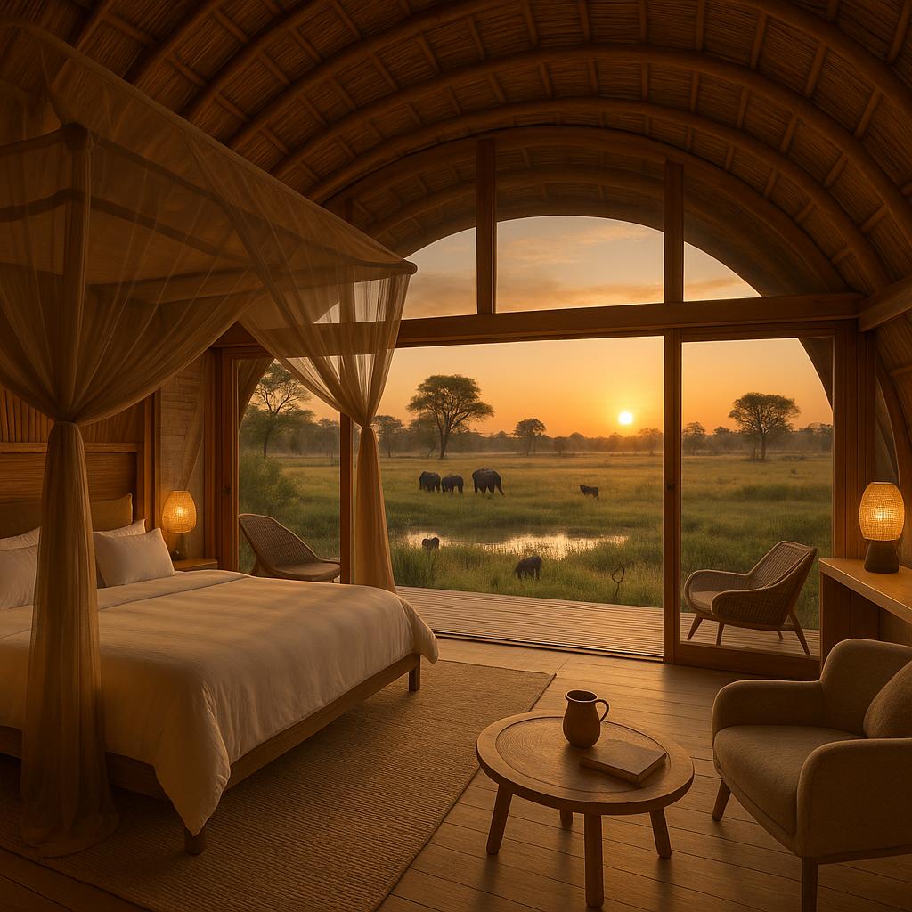 Eco-luxury suite with panoramic wildlife view at andBeyond Sandibe