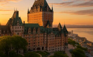 Fairmont Le Château Frontenac castle overlooking St. Lawrence River at sunrise