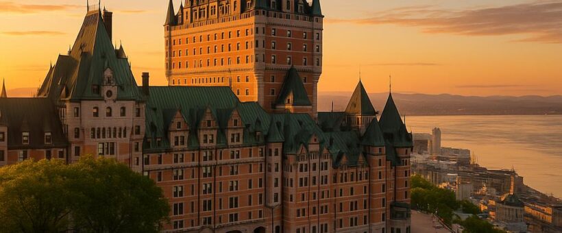 Fairmont Le Château Frontenac castle overlooking St. Lawrence River at sunrise