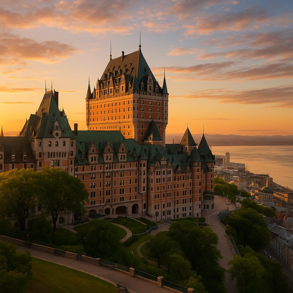 Fairmont Le Château Frontenac castle overlooking St. Lawrence River at sunrise