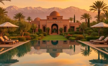 Infinity pool with Atlas Mountains sunset view at Mandarin Oriental Marrakech