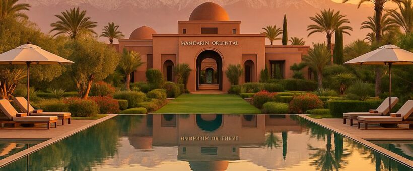Infinity pool with Atlas Mountains sunset view at Mandarin Oriental Marrakech
