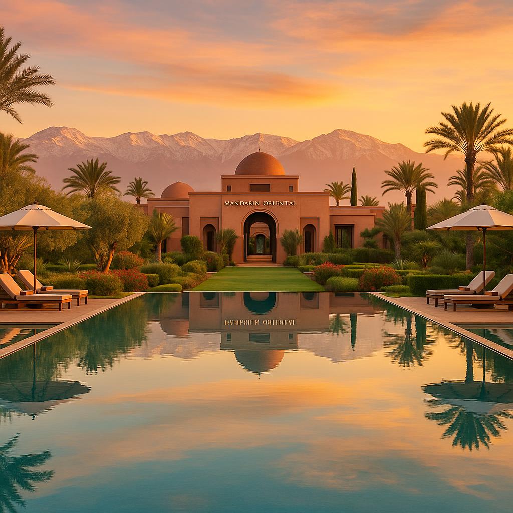 Infinity pool with Atlas Mountains sunset view at Mandarin Oriental Marrakech