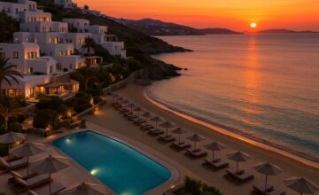 Santa Marina resort private beach sunset in Mykonos