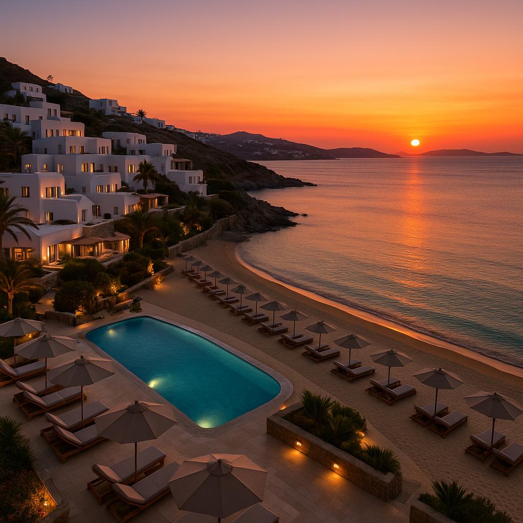 Santa Marina resort private beach sunset in Mykonos